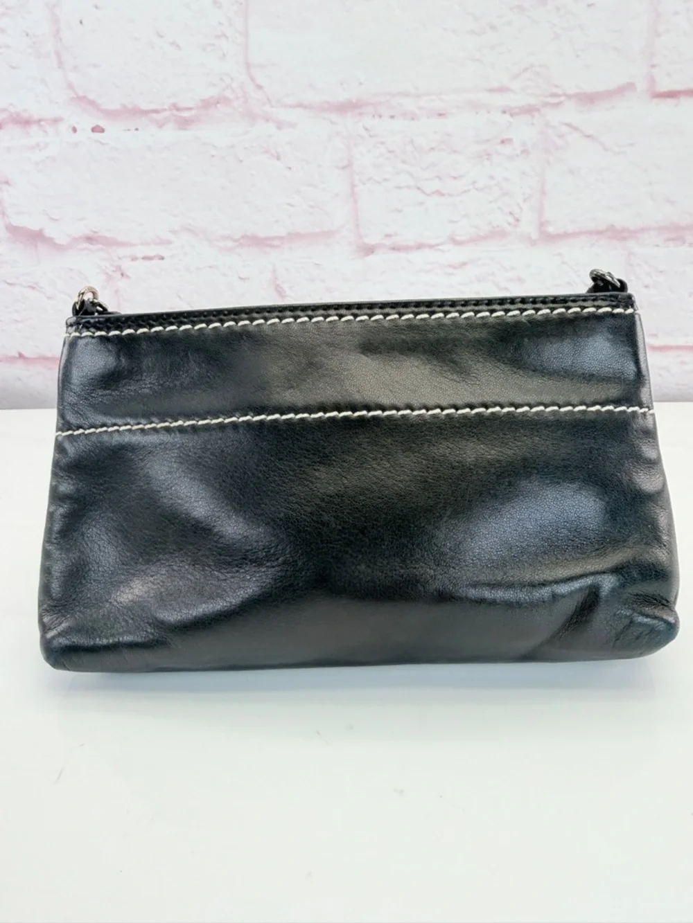 CHANEL LAX Black Leather Chain Shoulder Bag Pochette Embossed Logo